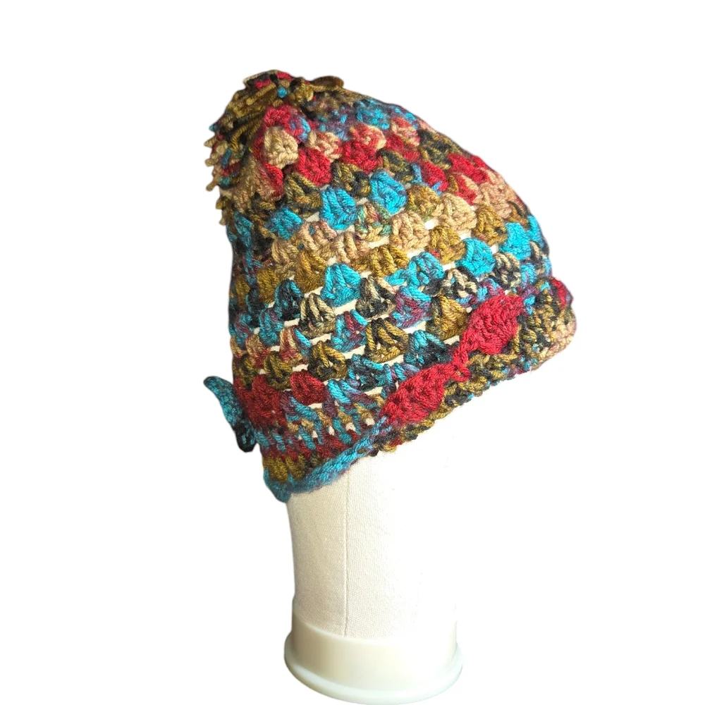 Hand Crafted Red, Gold & Turquoise Flower Accented Pom-Pom Beanie Hat‎ ONE SIZE